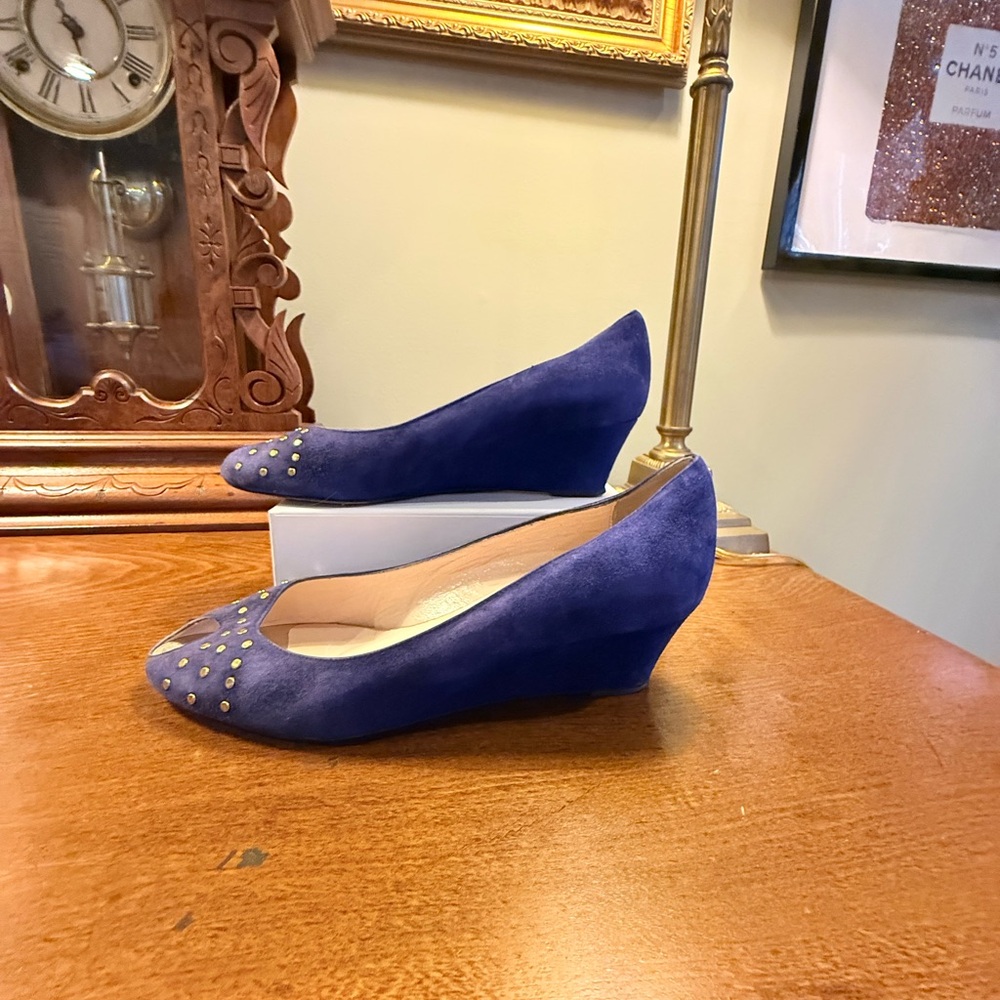 Loeffler Randall Blue Suede Leather Peep Toe 2” wedges w/ Gold Studs Size 9.5 - Picture 7 of 13